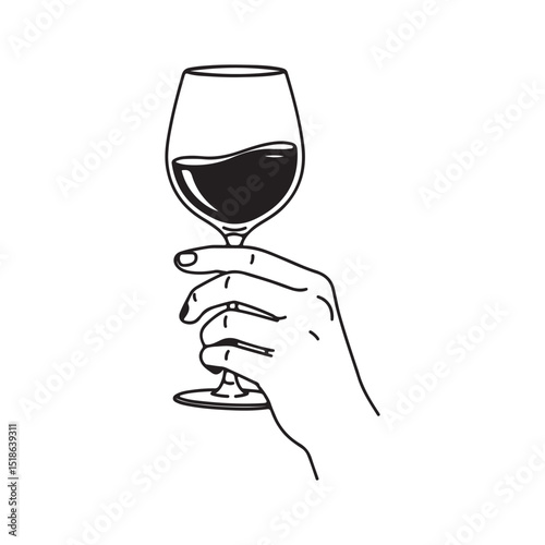 Hand holding a glass of red wine, minimalist line art illustration