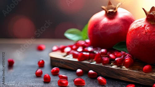 Pomegranates with seeds arranged on wooden board in natural light  