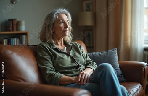 Middle-aged woman sits on sofa lost in thought. Emotional distress, sadness, grief, divorce, middle age crisis, loneliness, anxiety. Mental health, psychological trauma, solitude, isolation concept.