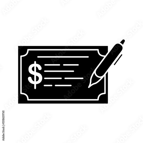 Minimalist icon of a check with dollar symbol and pen, financial transaction, payment, or banking, ideal for topics related to finance, business, banking, or accounting