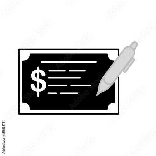 Minimalist icon of a check with dollar symbol and pen, financial transaction, payment, or banking, ideal for topics related to finance, business, banking, or accounting