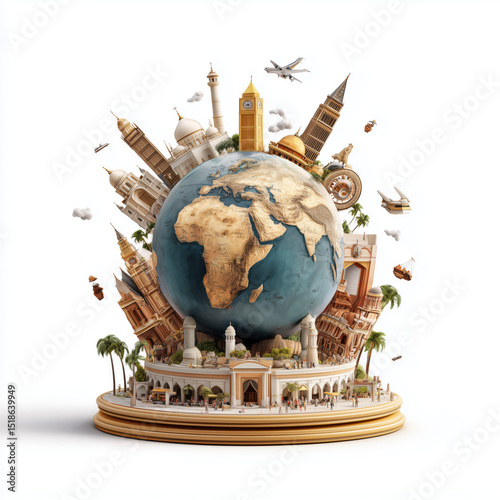 Global Landmarks on a Globe: A Visual Journey , white background cut out PNG