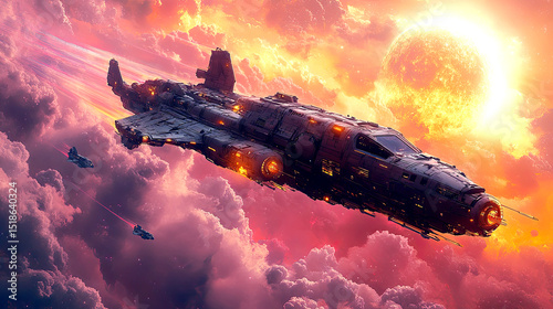 A large spaceship travels through pink and orange clouds. Two smaller ships follow behind, firing a beam of energy. A bright, distant planet provides a dramatic backdrop