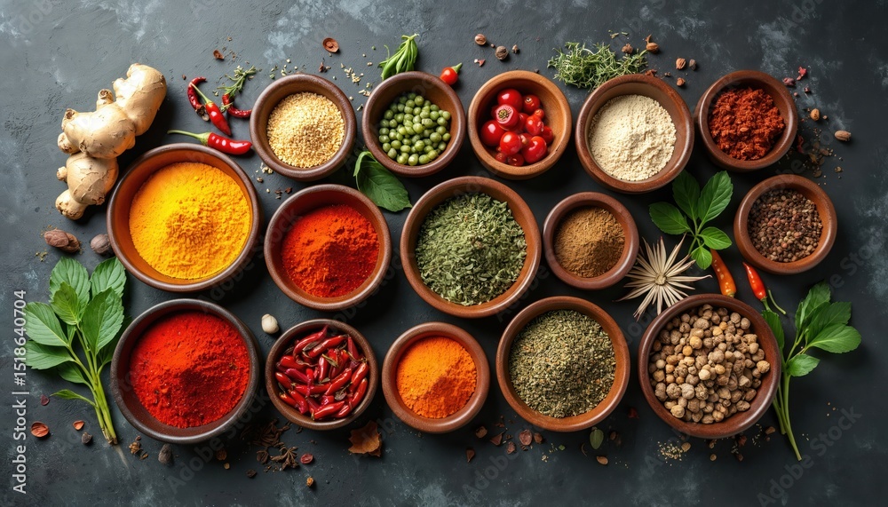 Artful arrangement of various Thai herbs, spices in wooden bowls. Culinary ingredients assortment on dark background. Organic food composition for healthy cooking, epicure meal recipes. Artful arrangement of various Thai herbs, spices in wooden bowls. Culinary ingredients assortment on dark background. Organic food composition for healthy cooking, epicure meal recipes.
