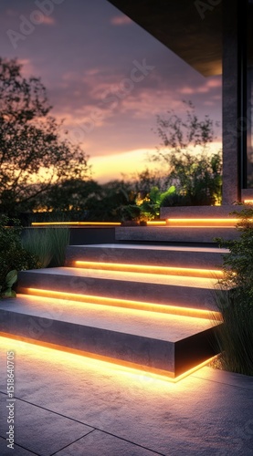 Exterior steps illuminated by warm golden LED strip lights at sunset.  Modern, contemporary design. Lush landscaping around