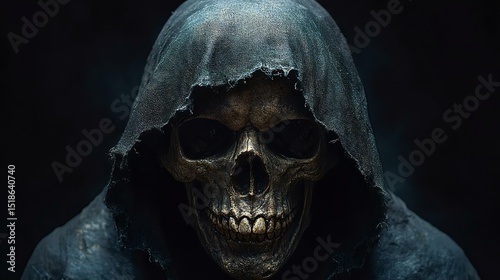 A haunting Skull figure draped in a dark hood, creating an eerie and mysterious atmosphere perfect for Halloween or dark art themes.