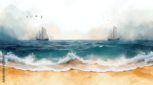 A serene ocean view featuring two sailboats amidst gentle waves and a sandy beach, evoking tranquility and adventure.