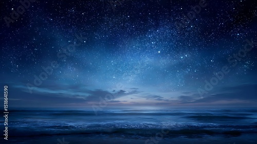 Vibrant photo of starry night sky in blue hues above a serene ocean seascape with ample copy space image.
