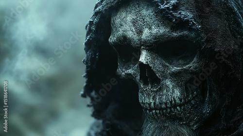 A haunting close-up of a skull shrouded in dark clothing, evoking themes of death, mystery, and the macabre.
