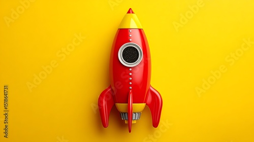 Vibrant photo of red Rocket Toy on Yellow Background with Copy Space.