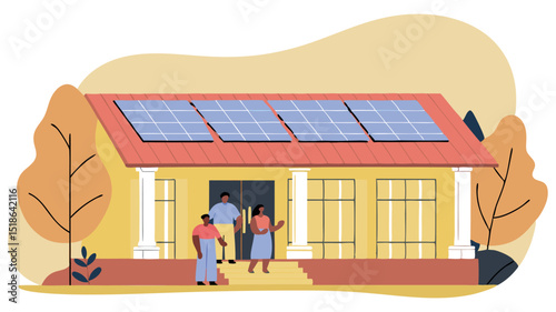 Family standing outside modern house with solar panels on roof, showcasing sustainable living and energy efficiency in a vibrant, eco-friendly environment