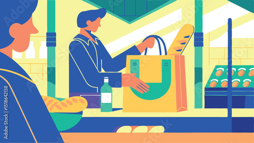 Colorful flat illustration of a market scene where a person is placing fresh bread into a reusable shopping bag while another customer observes nearby in a vibrant environment