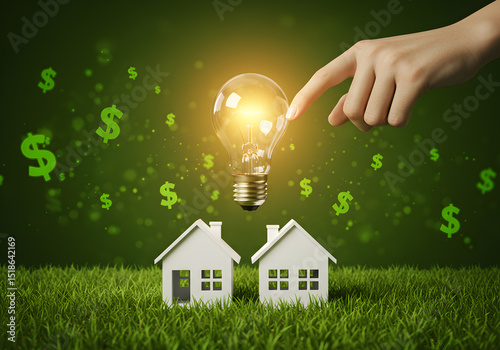 Save energy costs at home concept with lightbulb and houses for energy efficiency and savings tips