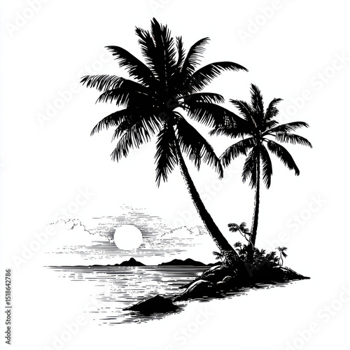 Tropical Island Sunset Silhouette Art , white background cut out PNG