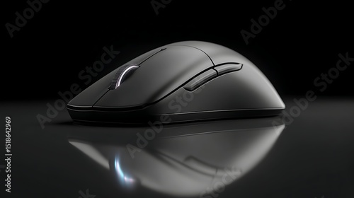 Vibrant photo of wireless gaming mouse smooth surface sleek curves minimal design subtle lighting dark background.