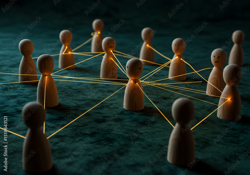 Obraz premium Understanding network connections: wooden figures connected by light representing social networking concept