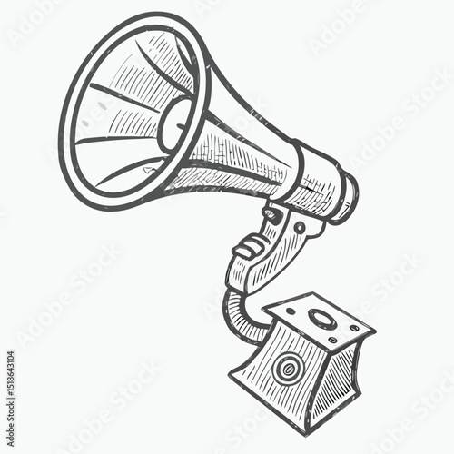 Halftone loudspeaker in hand - vintage collage element. Collage design paper sticker in trendy retro Vector illustration. Megaphone engraving. Propaganda retro concept, vintage announcements sketch.