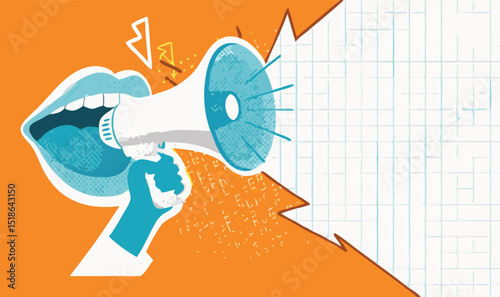 Adobe Illustrator Artwork Dotted Halftone collage banner with a mouth screaming into a loudspeaker. Trendy Halftone Collage Hand with Megaphone. Social media promotion and announce banner.