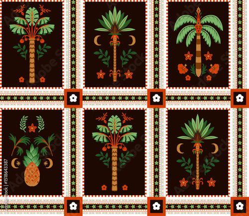 Seamless pattern with simple palms and geometrical ornament. Vector.