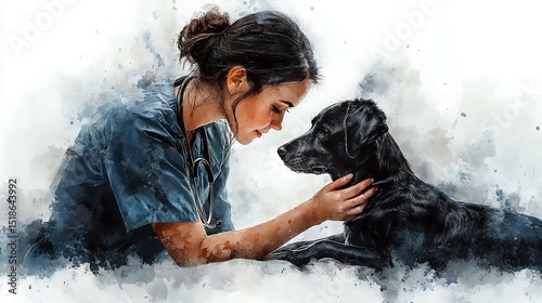 A compassionate veterinarian interacts gently with a black Labrador dog, showcasing the bond between animals and their caregivers.