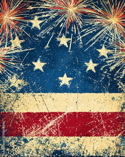 Fireworks: grunge american flag with exploding stars and stripes design -  celebration background