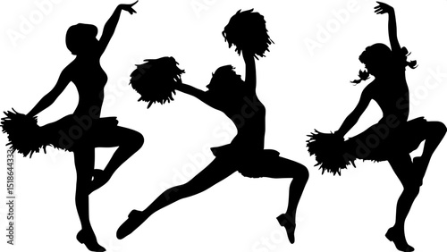 A silhouette of a jazz dance trio, frozen mid-performance. One dancer lunges, another leaps, the third strikes a dramatic pose. All wear stylized costumes, and the composition forms a dynamic but bala