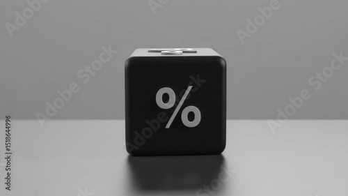 Black percentage sign cube on a gray background in minimalist style  
