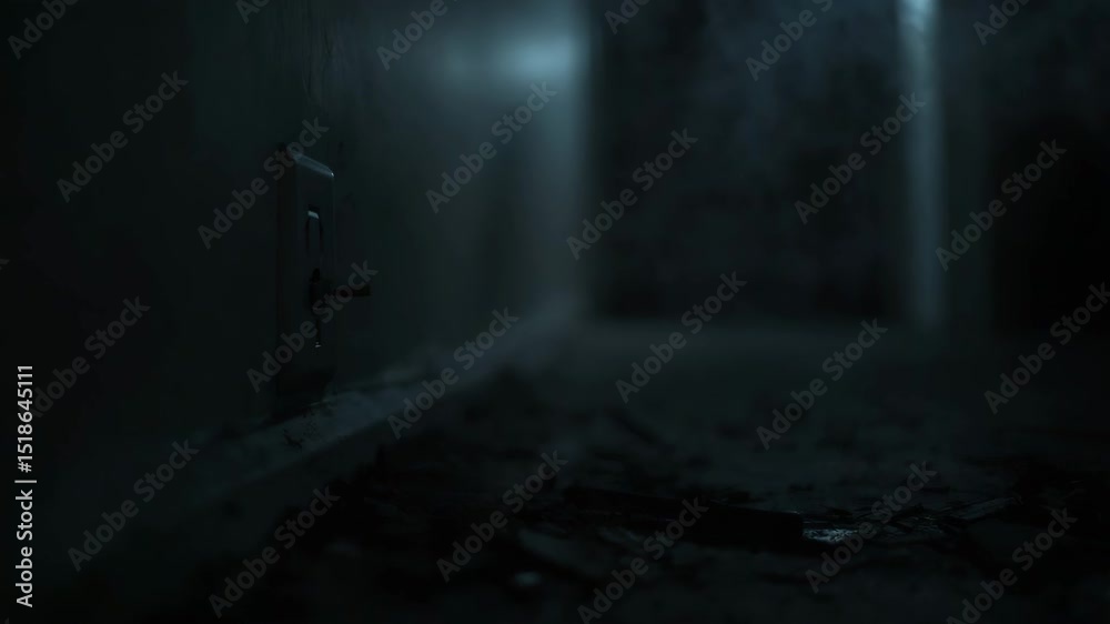 Dimly lit abandoned hallway with debris on the floor Dimly lit abandoned hallway with debris on the floor