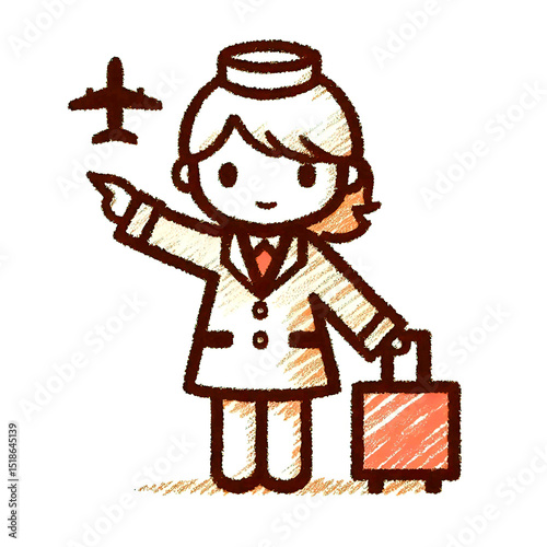 Flight attendant signaling while standing with suitcase and airplane