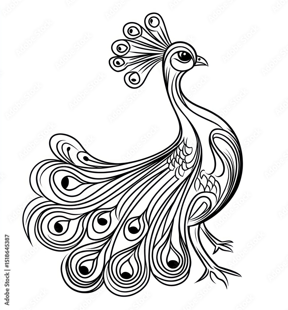 Fototapeta premium Ornate peacock graphic design, artistic line drawing