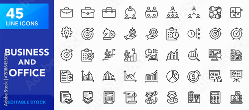 Business and Office line icon set. Corporate, finance, management, teamwork, communication, strategy, productivity, marketing, planning, leadership, growth, innovation outline vector icons collection.