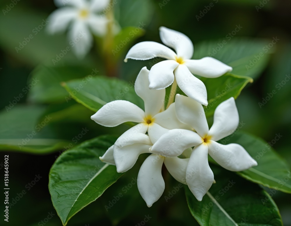 Obraz premium White crape jasmine flower with bright green leaves. Natural garden background. Blooming Tabernaemontana divaricata flower. Fresh flora for cards, wallpaper, spring, summer designs. Beautiful floral