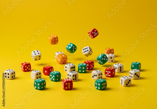 Colorful dice on yellow background stock photo for games gambling and board games concept photography