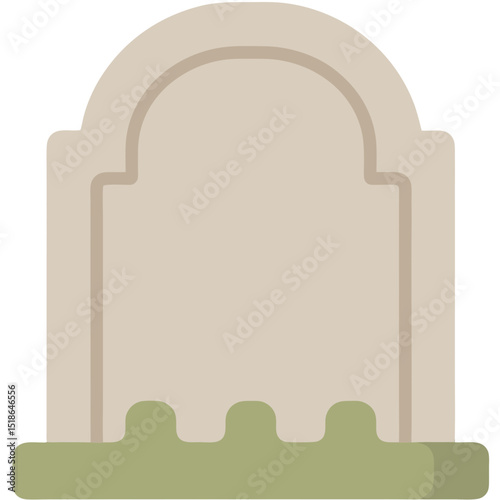 An isolated illustration of a gravestone with an arched top and a green base