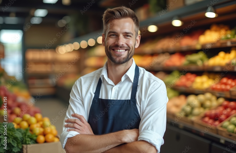Fototapeta premium Happy attractive male grocery store manager stands with arms crossed in a supermarket. Man in apron smiling, looking at camera. Fresh products on shelves. Retail, commerce, consumerism, shopping.