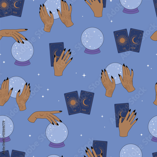 Magic ball and witch hands flat seamless pattern