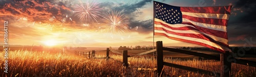 Sunset: american flag waves at golden hour with fireworks display over rural field