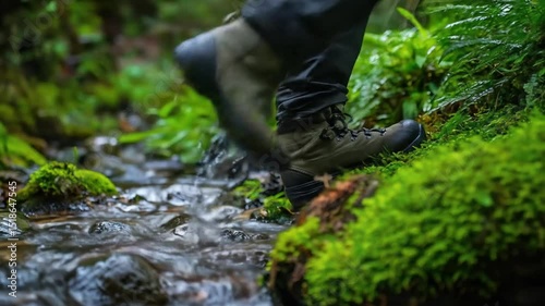 Hiking boots crossing stream outdoor adventure walking through water in the forest nature trail