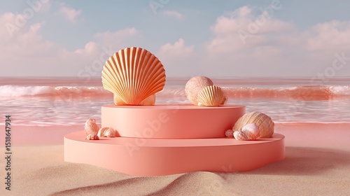 Vibrant photo of 3d Mock up Coral pink podium with seashell accents and ocean waves. Pedestal stage for beachwear product presentation. Coastal scene for advertising. Sale.