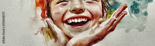 Joyful watercolor portrait: woman's radiant laugh and expressive hands - vibrant artwork