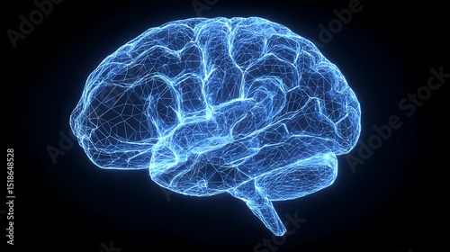 Vibrant photo of glowing X-ray image of a human brain represented in a blue wireframe isolated on a black background illustrating scientific and medical concepts related to the.