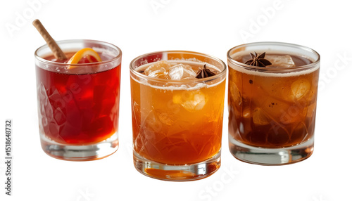 Trio of Spiced Whiskey Cocktails in Crystal Glasses Isolated on Transparent Background