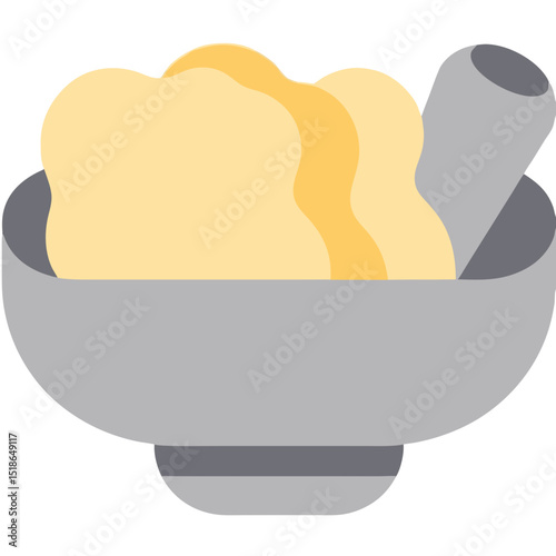 Illustration of a mortar and pestle filled with yellowish material on a black background