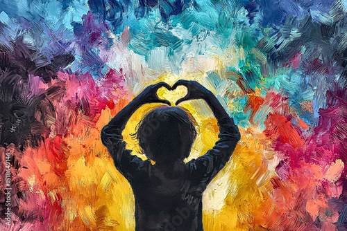 Silhouette of child forming heart shape against vibrant impasto abstract background: love, hope, and childhood innocence art