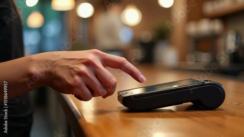 Hand using payment terminal on wooden counter in cafe setting  
