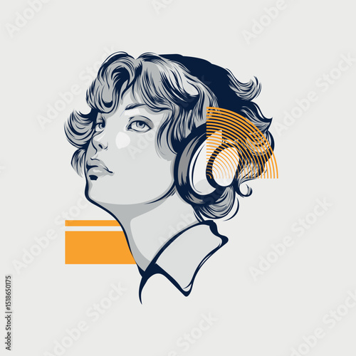 Vector illustration of a stylish girl in headphones isolated from the background. Drawn in gray and yellow tones, it is suitable for printing