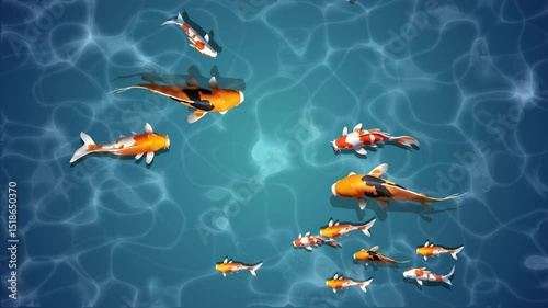 Beautiful Koi Fish Swimming in a Sunlit Pond  Relaxing Animated Scene with Light Reflections,A serene aerial view captures a vibrant school of colorful koi fish gracefully swimming in clear blue water