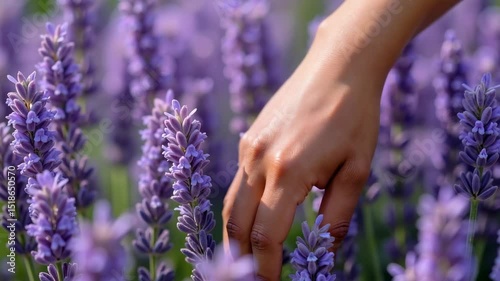 Hand reaching for lavender flowers in a blooming garden  