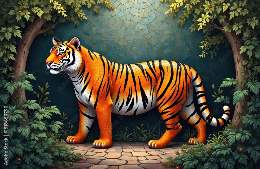 Naklejka premium Striking mosaic tiger displays vibrant orange, black patterns amid rich green plants. Artistic rendering of wild animal, detail illustration. Tiger stands on stone path near trees, leaves. Decorative