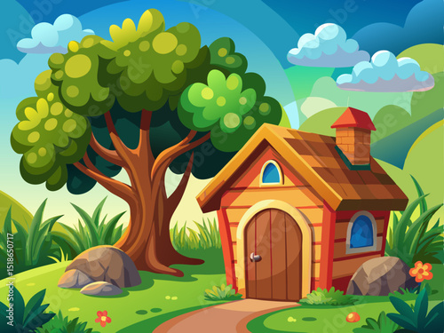 A stylized vector of a cozy dog house under a tree in a green yard